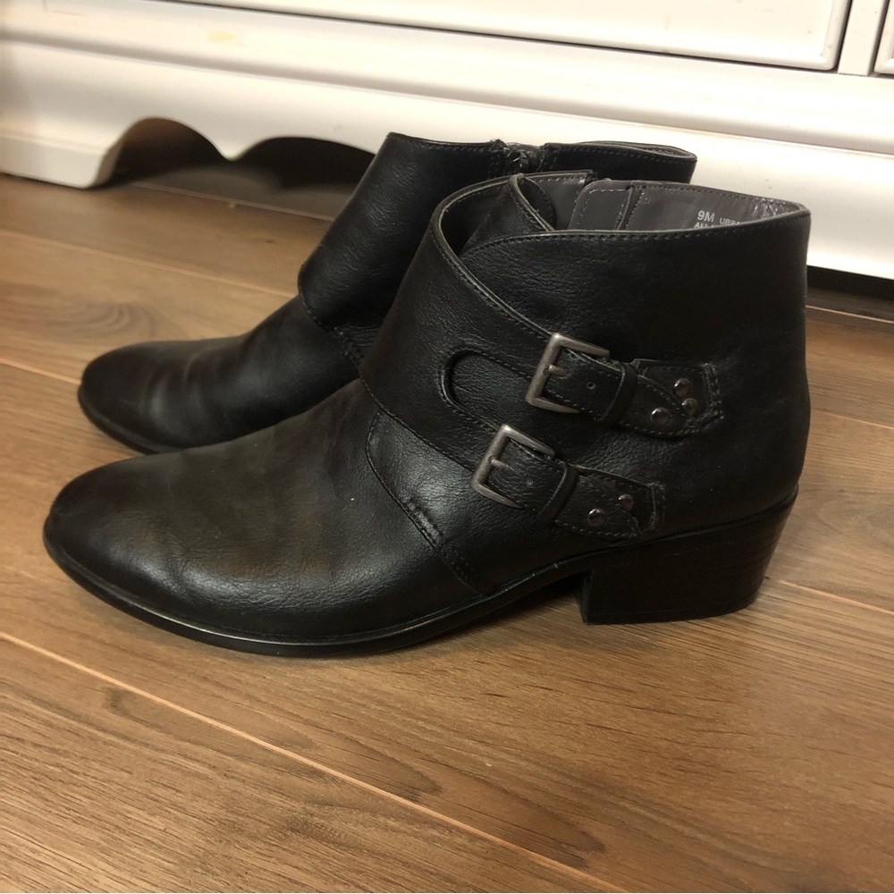 AEROSOLES Black Leather Ankle Booties with Buckle Detail